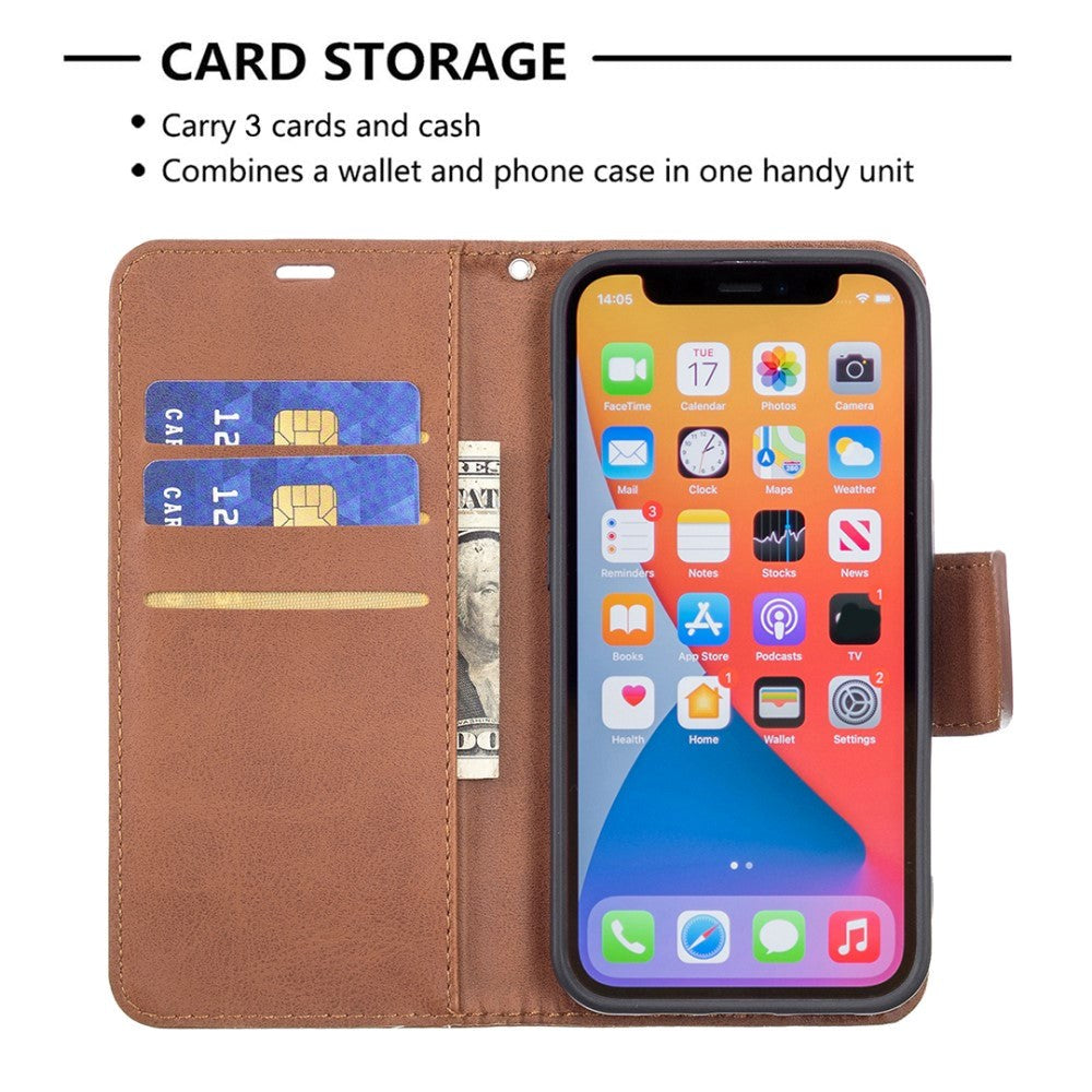 iPhone 13 Pro Rustikt Skindeksel Med Lommebok & Stropp - Brun
