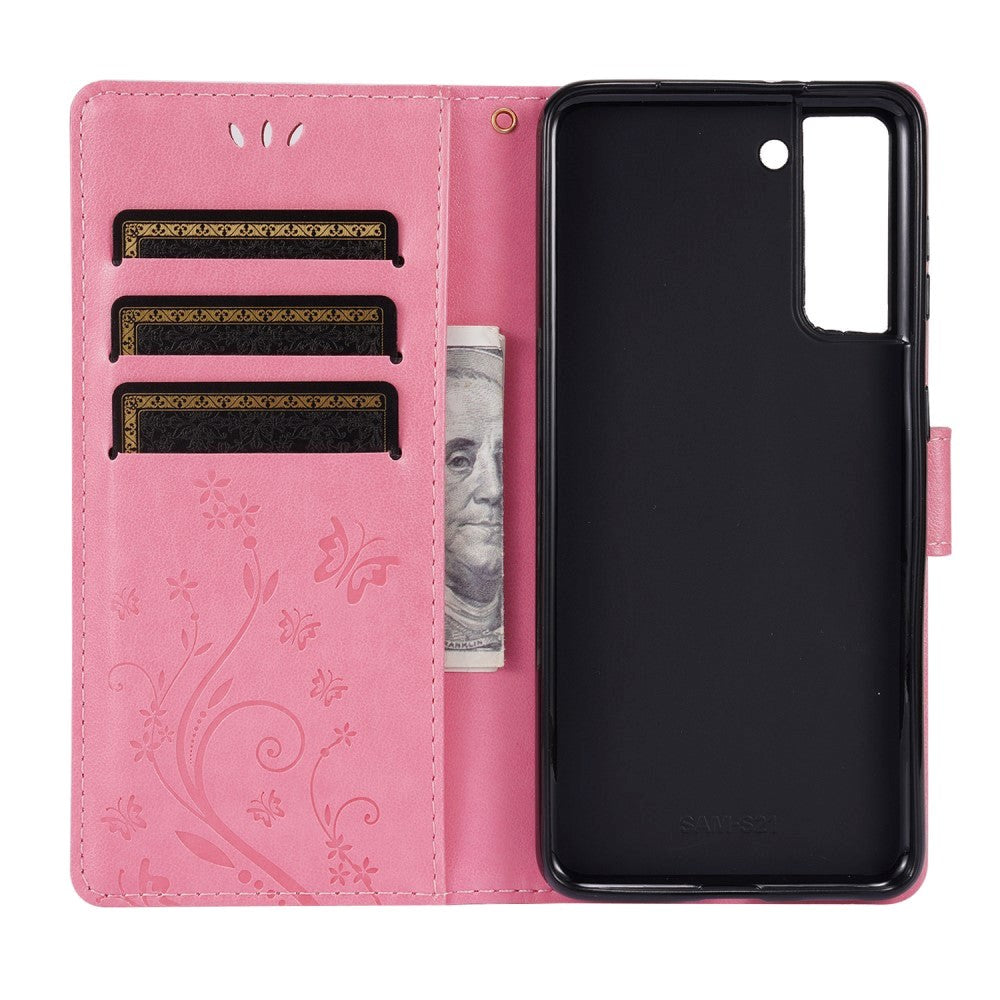 Samsung Galaxy S21 Skinn Flipdeksel med Lommebok - Blomster - Pink