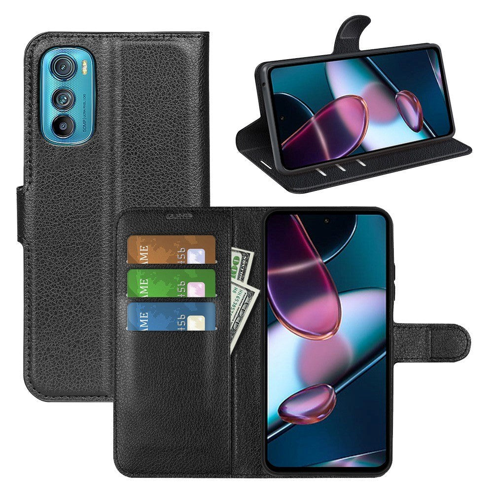 Motorola Edge 30 PU Litchi Skinn Flip Deksel med Lommebok og Stativfunksjon - Svart