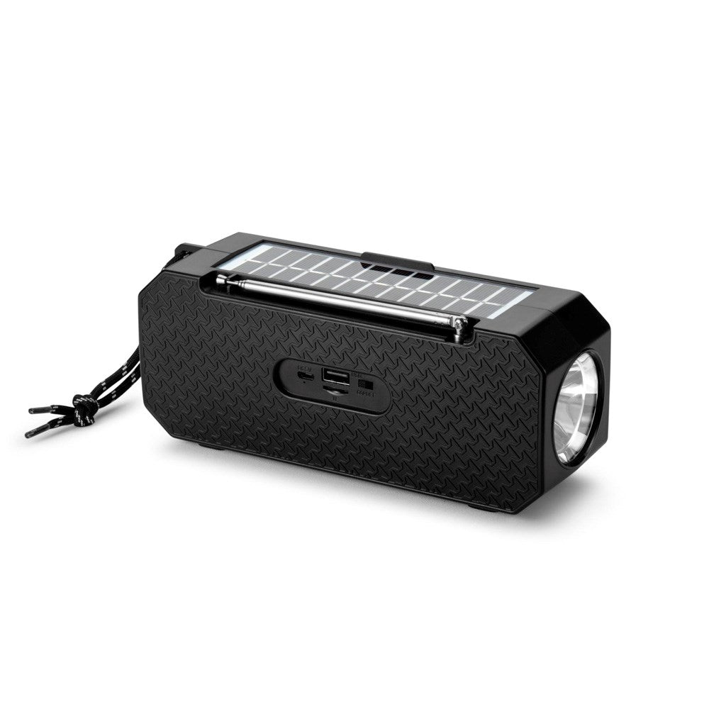 Denver Trådløs Bluetooth Høyttaler med FM-Radio & Lommelykt - Solcelledrevet - Svart