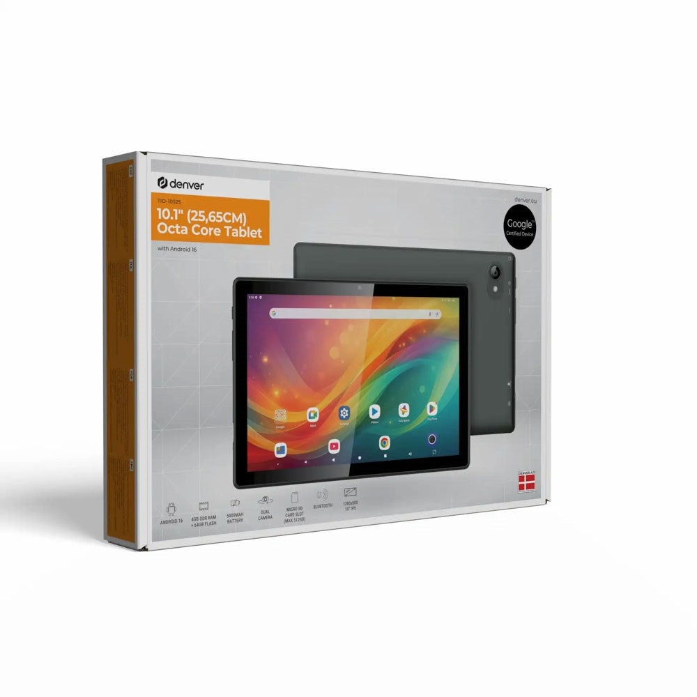 Denver TIO-10525 Nettbrett 10" med Android 16 - 4 RAM & 64 GB - 5000 mAh - 2/5 MP Kamera - Grå