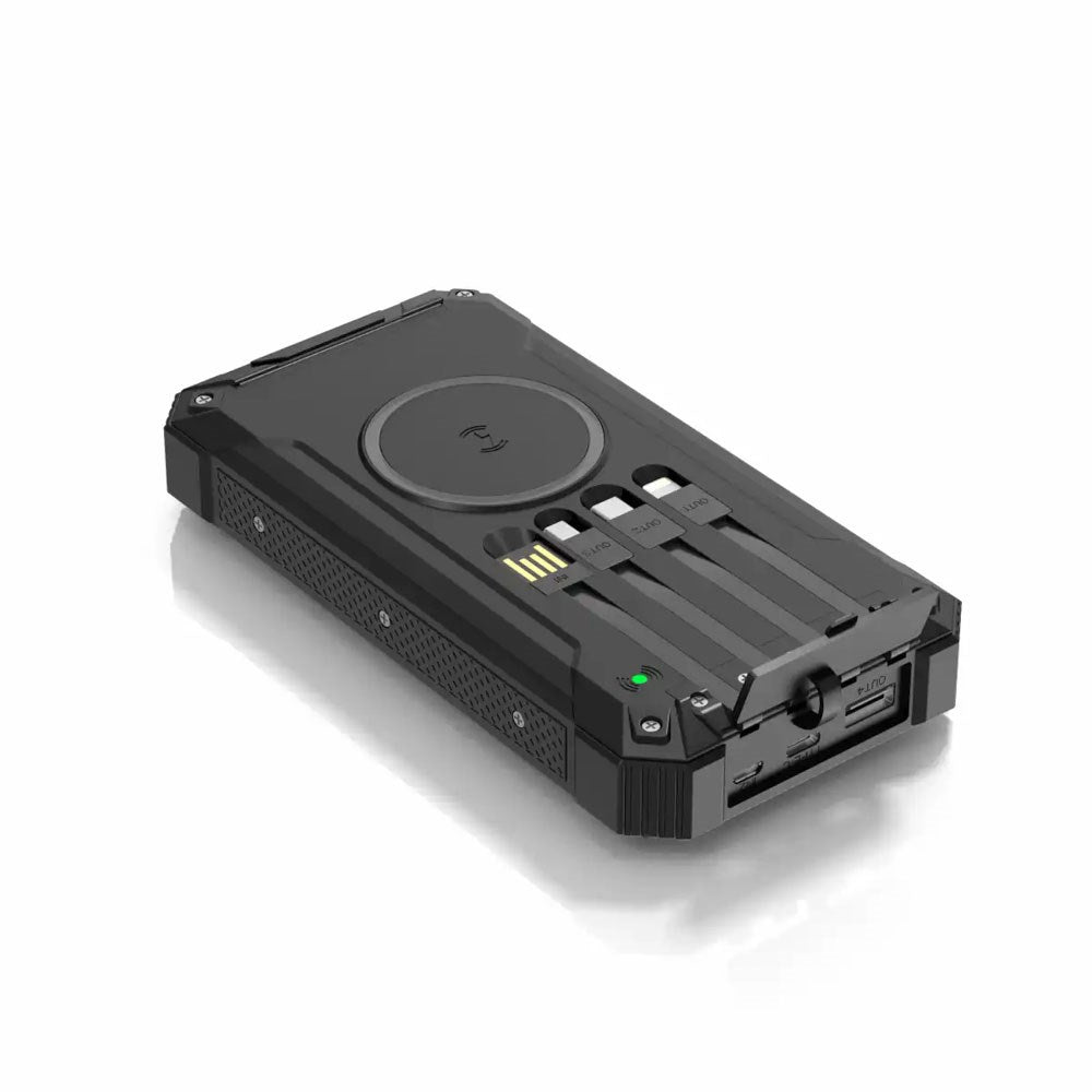 Denver PSC-20012 Solcelle PowerBank m. Innebygd Kabel, Trådløs Lading & Lommelykt - 20.000 mAh - Svart