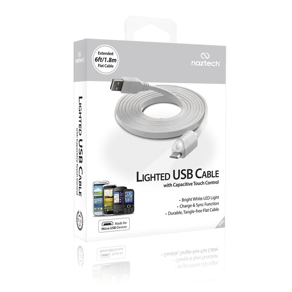 Naztech Micro-USB kabel med Lys 1.8m - Hvit