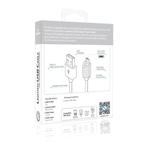 Naztech Micro-USB kabel med Lys 1.8m - Hvit