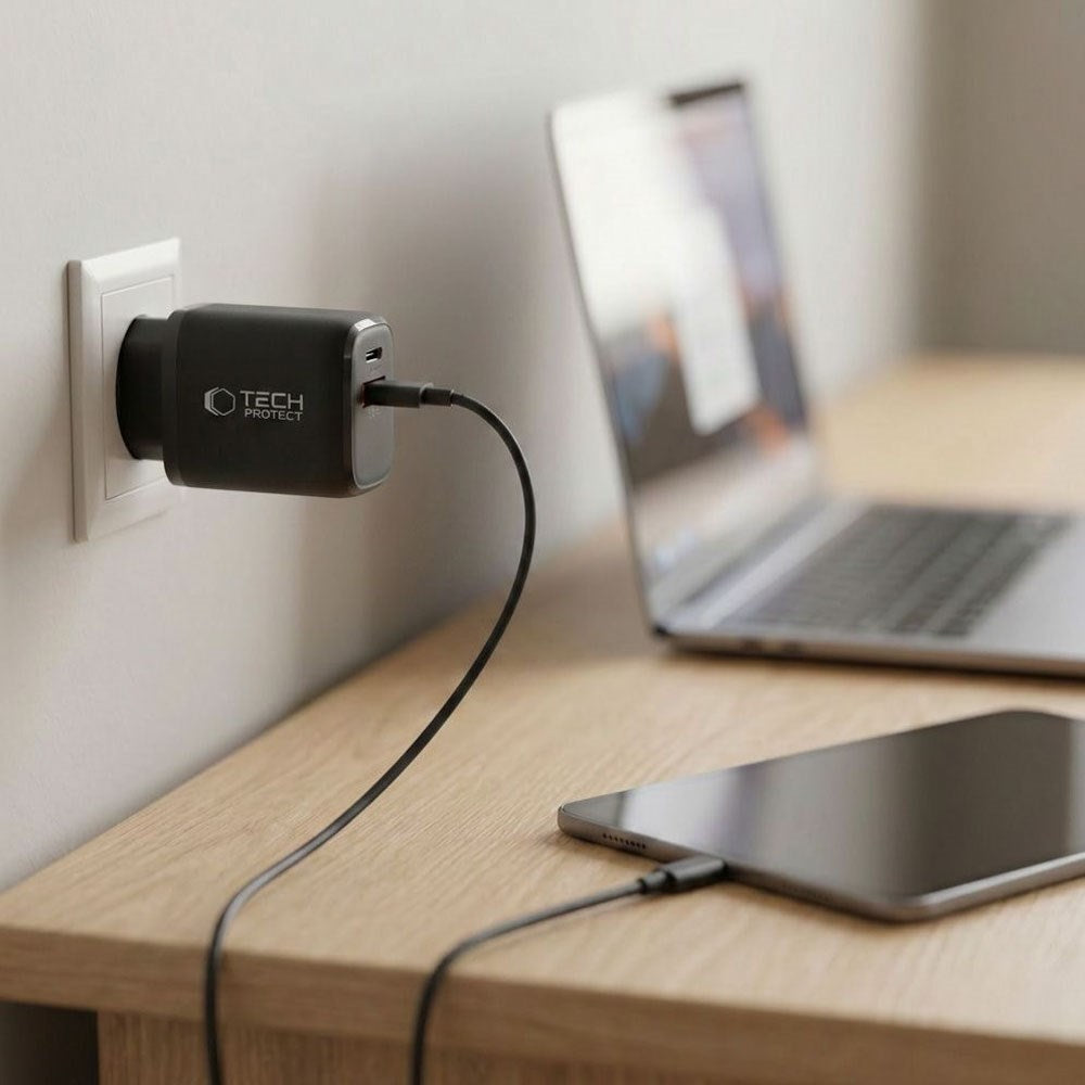 Tech-Protect 65W Vegglader m. 1x USB-C & 1x USB-A - Svart