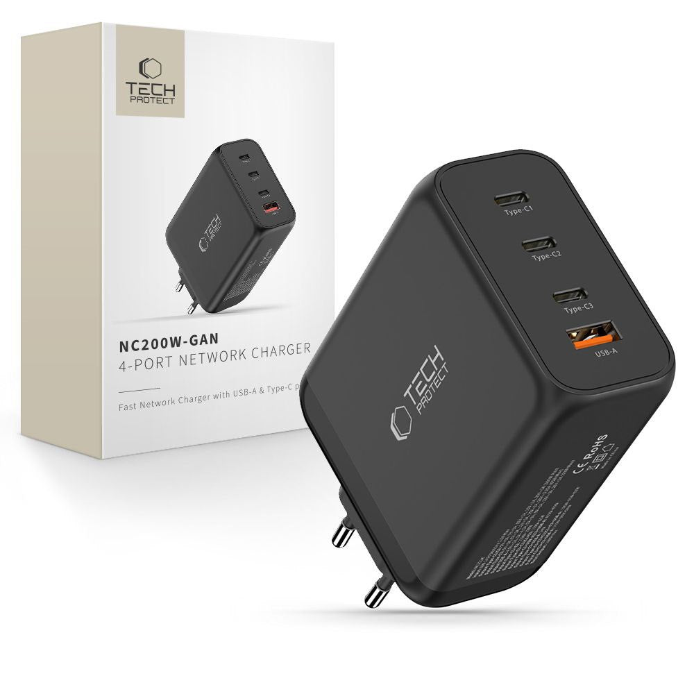 Tech-Protect 200W Vegglader m. 3x USB-C & 1x USB-A - Svart
