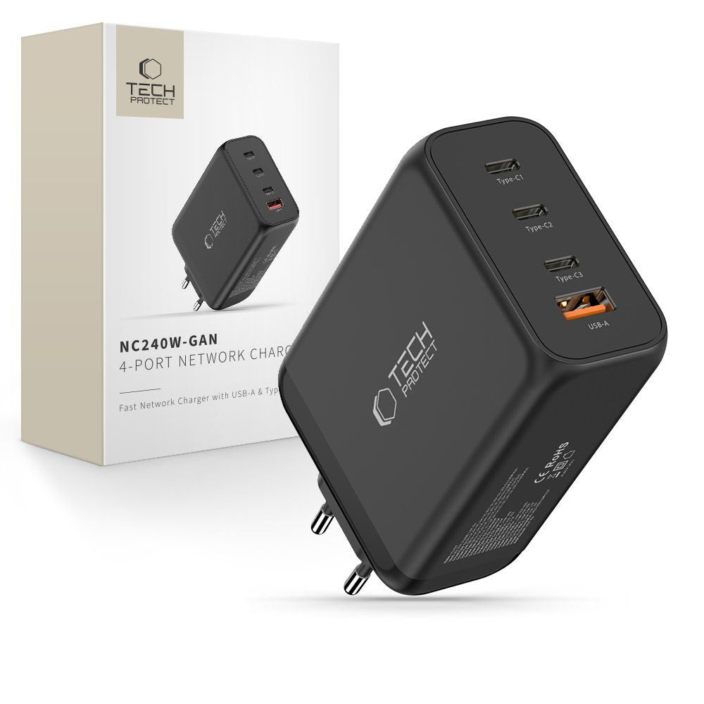 Tech-Protect 240W Vegglader m. 3x USB-C & 1x USB-A - Svart