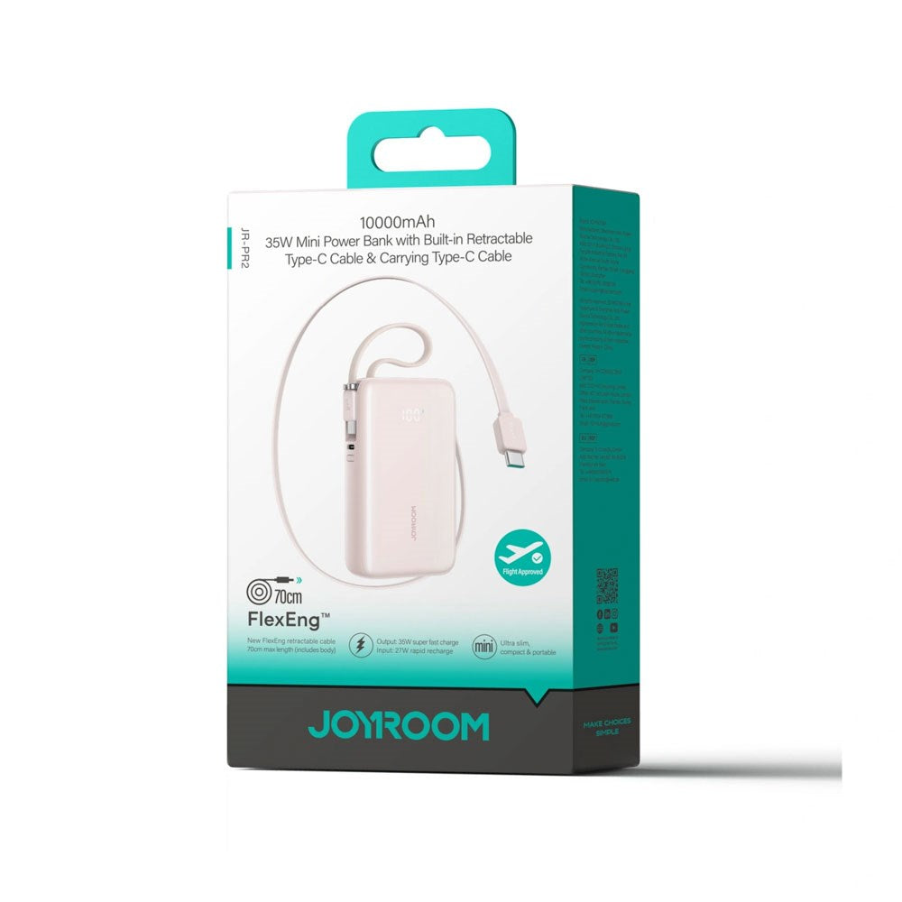Joyroom JR-PR2 35W PowerBank m. Uttrekkbart USB-C Kabel & Innebygd USB-C Kabel - 10.000 mAh - Rosa