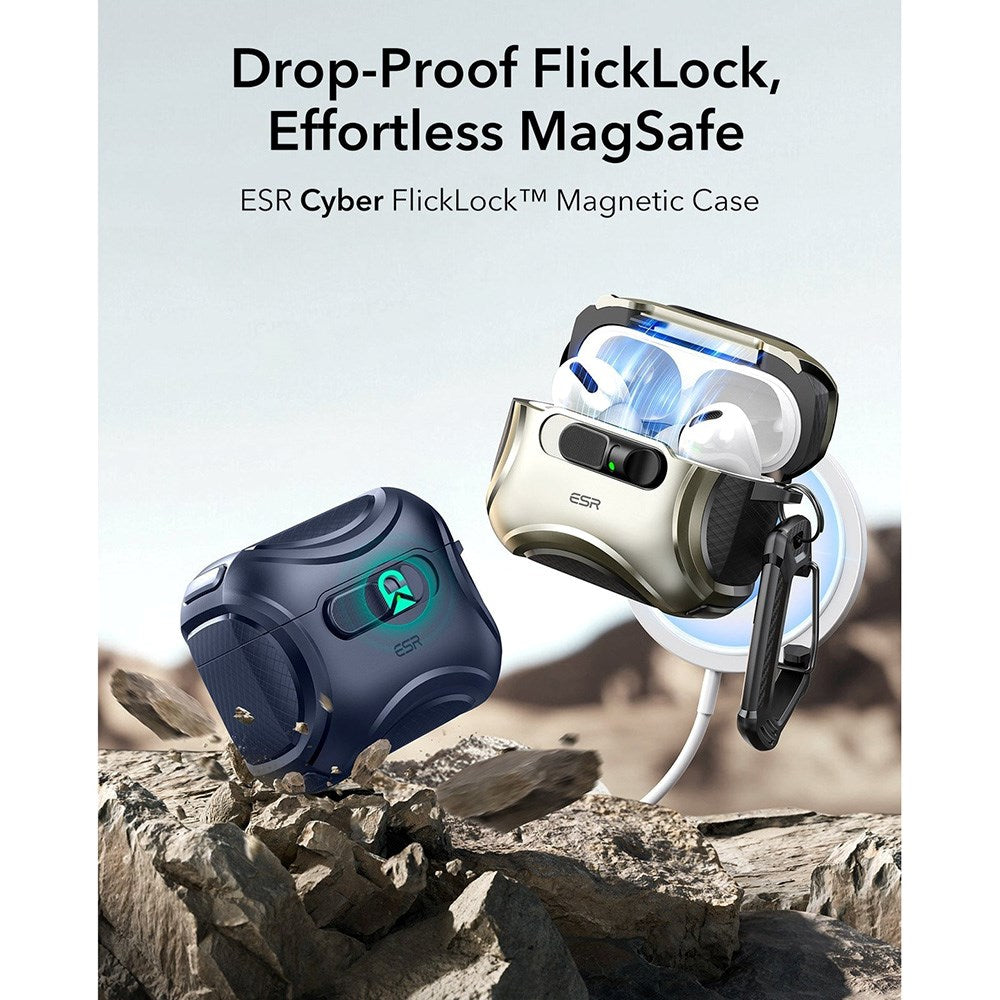 ESR AirPods Pro (3. gen.) Cyber FlickLock Deksel med Karabinkrok – Mørk Blå