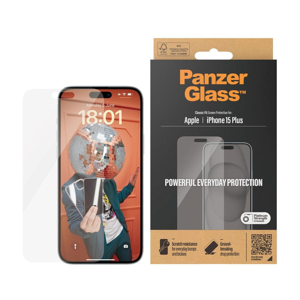 iPhone 15 Plus / 16 Plus PanzerGlass Classic Fit Skjermbeskyttelse - Platinum Strength - Gjennomsiktig