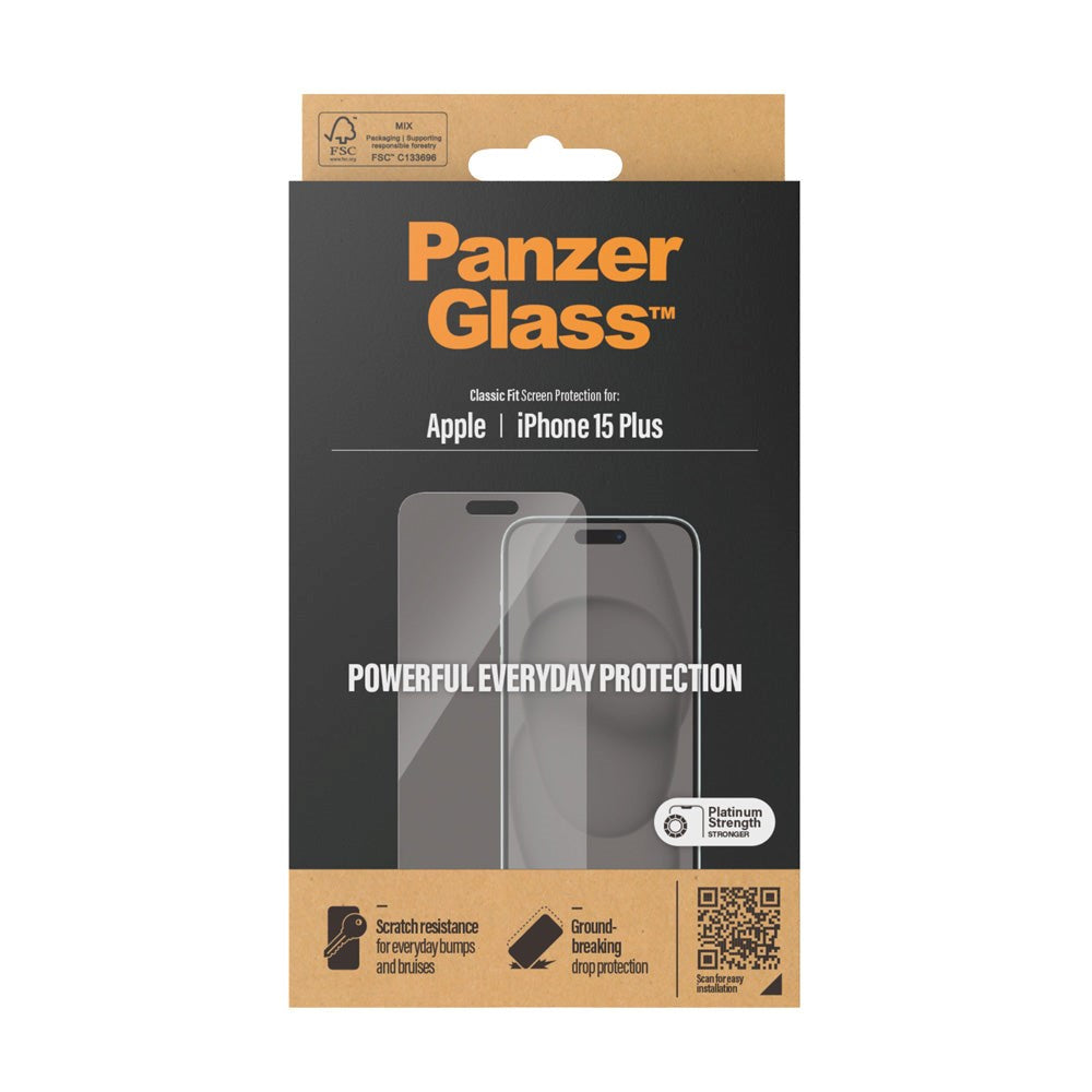 iPhone 15 Plus / 16 Plus PanzerGlass Classic Fit Skjermbeskyttelse - Platinum Strength - Gjennomsiktig