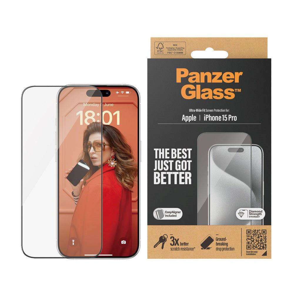 iPhone 15 Pro PanzerGlass Ultra Wide Fit Skjermbeskyttelse m. EasyAligner - Diamond Strength - Gjennomsiktig
