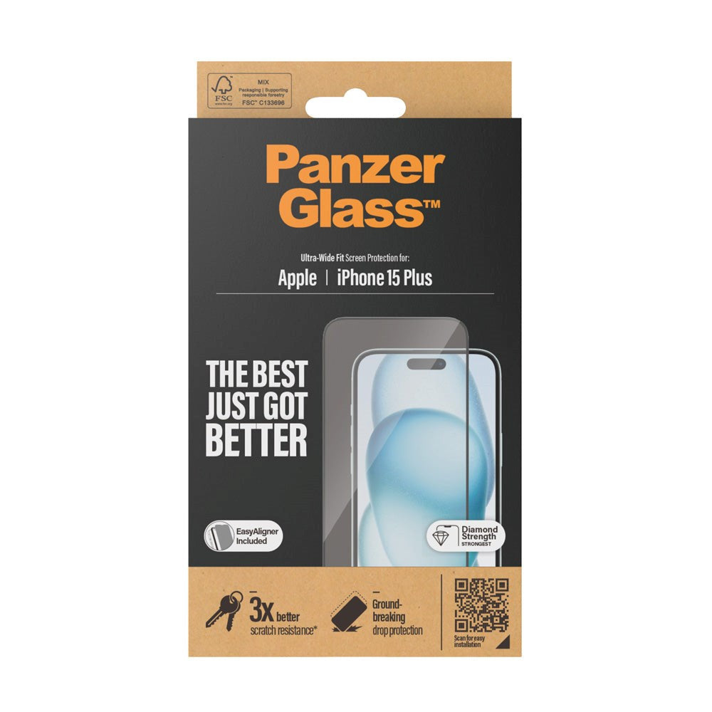 iPhone 15 Plus / 16 Plus PanzerGlass Ultra Wide Fit Skjermbeskyttelse m. EasyAligner - Diamond Strength - Gjennomsiktig / Svart Kant
