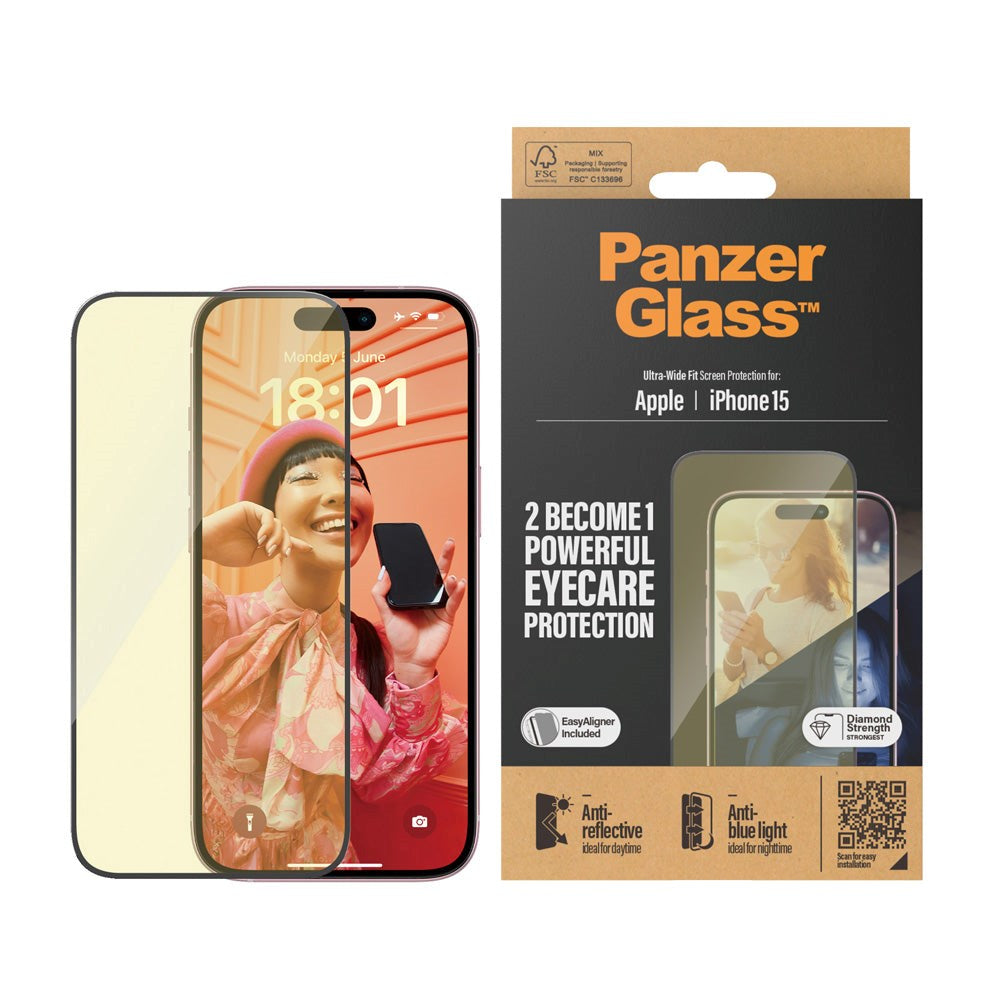 iPhone 15 / 16 PanzerGlass Ultra Wide Fit Skjermbeskyttelse m. EasyAligner - Anti-Reflective - Anti-Blue Light - Diamond Strength - Gjennomsiktig / Svart Kant