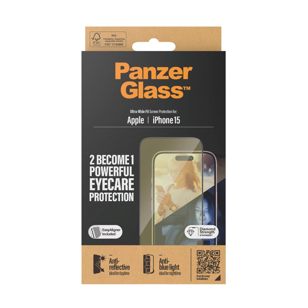 iPhone 15 / 16 PanzerGlass Ultra Wide Fit Skjermbeskyttelse m. EasyAligner - Anti-Reflective - Anti-Blue Light - Diamond Strength - Gjennomsiktig / Svart Kant