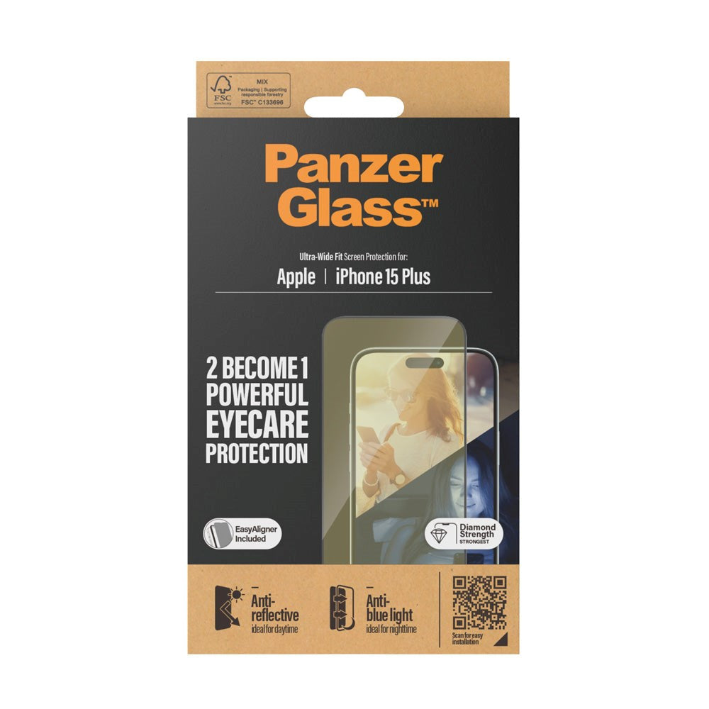 iPhone 15 Plus / 16 Plus PanzerGlass Ultra Wide Fit Skjermbeskyttelse m. EasyAligner - Anti-Reflective - Anti-Blue Light - Diamond Strength - Gjennomsiktig / Svart Kant