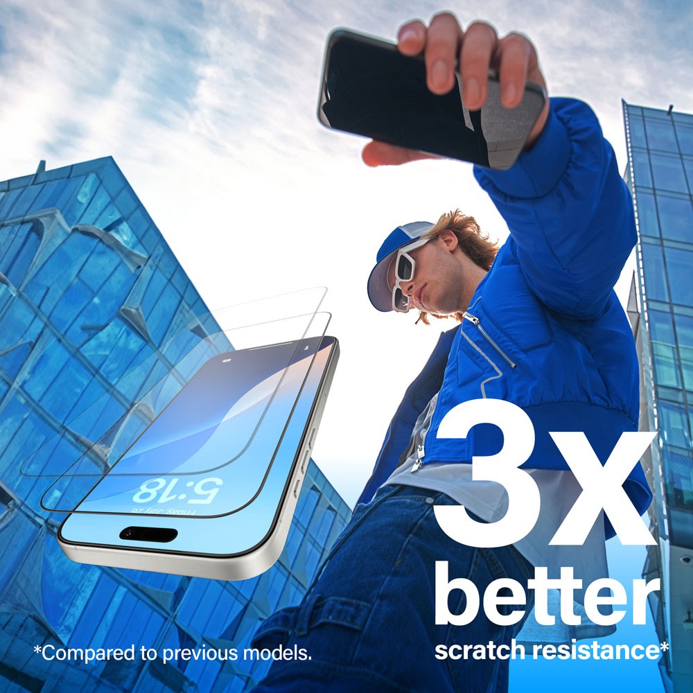 iPhone 15 / 16 PanzerGlass Ultra Wide Fit Skjermbeskyttelse m. EasyAligner - Anti-Reflective - Diamond Strength - Gjennomsiktig / Svart Kant