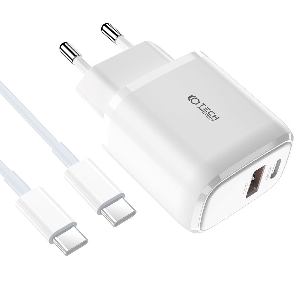 Tech-Protect 20W Vegglader med 1 x USB-C & 1 x USB-A - Power Delivery - Hvit