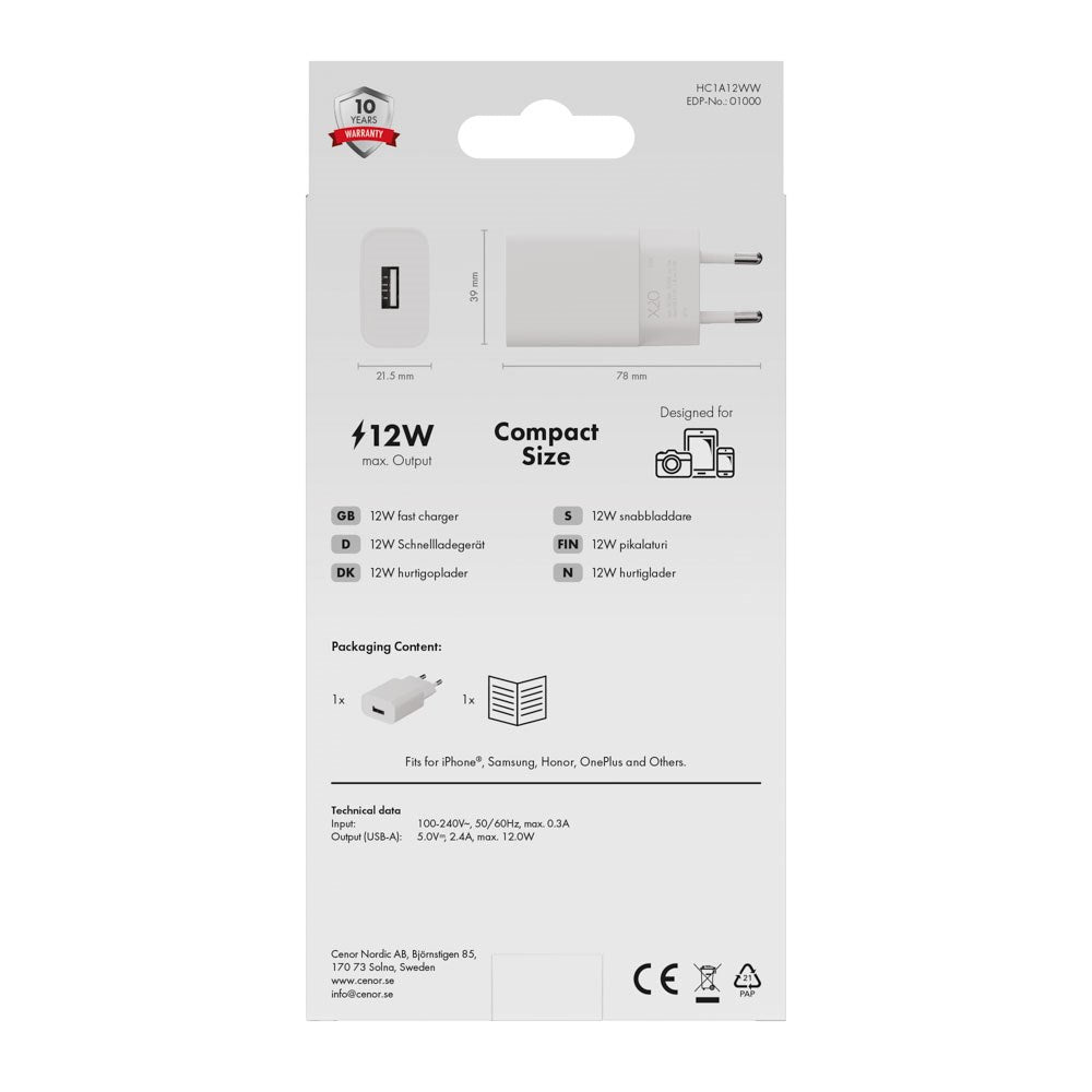 X2O 12W Vegglader m. 1x USB-A - Hvit