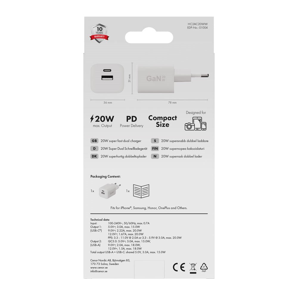 X2O 20W Vegglader m. 1x USB-A & 1x USB-C - Hvit