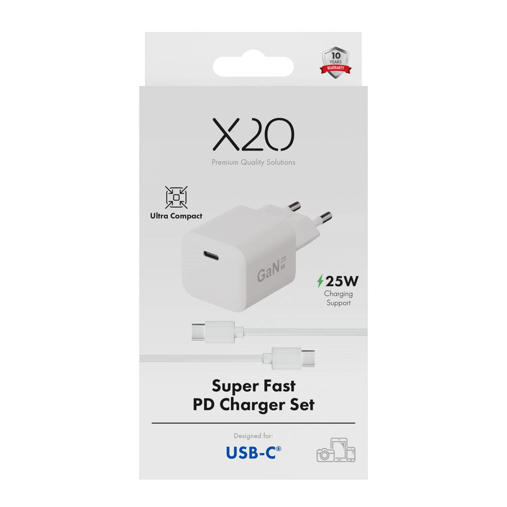 X2O 25W Vegglader m. 1x USB-C & 1x USB-C Kabel - 1.2m - Hvit