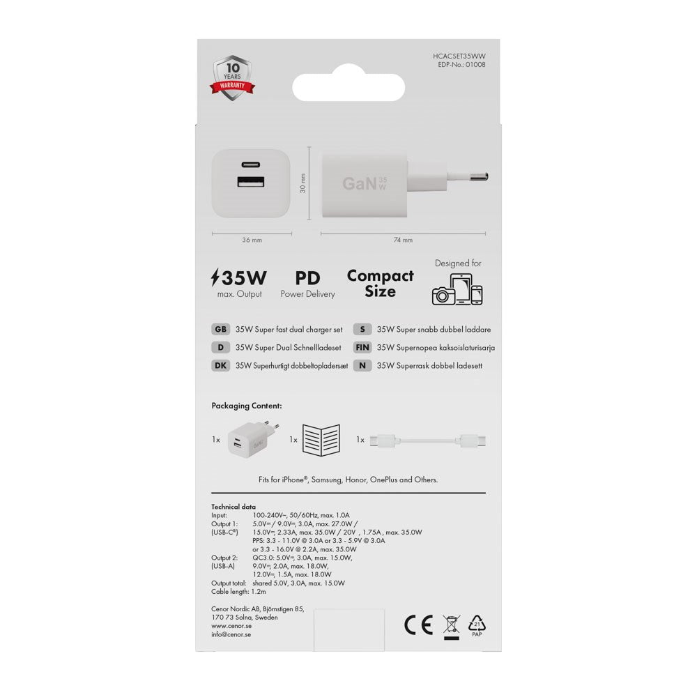 X2O 35W Vegglader m. 1x USB-A / 1x USB-C / 1x USB-C Kabel - 1.2m - Hvit