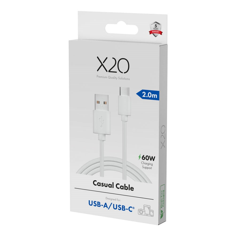 X2O Basic 60W USB-A til USB-C Kabel - 2m - Hvit