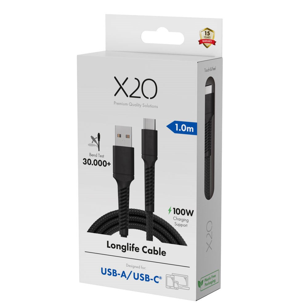 X2O Longlife 60W USB-A til USB-C Kabel - 1m - Svart