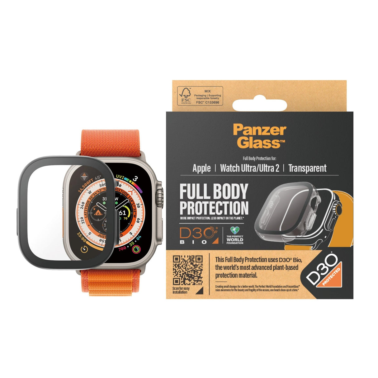 PanzerGlass Apple Watch Ultra 3/2/1 (49mm) Full Body D3O Bio Protection Deksel m. Innebygd skjermbeskyttelse - Gjennomsiktigt m. Svart Ramme