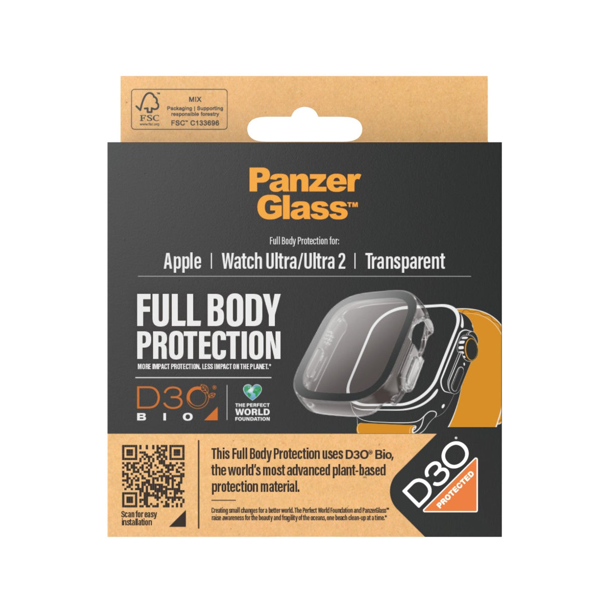 PanzerGlass Apple Watch Ultra 3/2/1 (49mm) Full Body D3O Bio Protection Deksel m. Innebygd skjermbeskyttelse - Gjennomsiktigt m. Svart Ramme