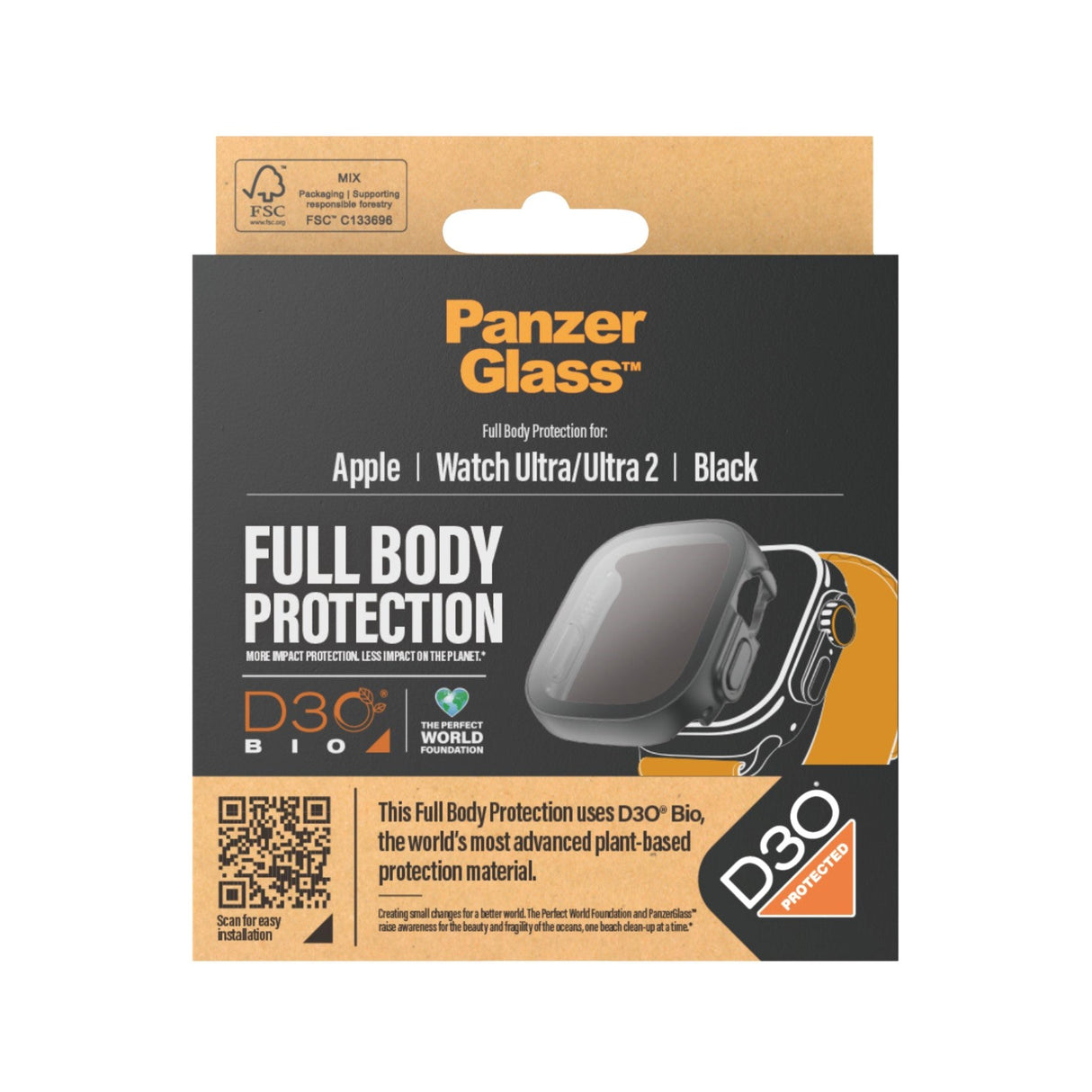 PanzerGlass Apple Watch Ultra 3/2/1 (49mm) Full Body D3O Bio Protection Deksel m. Innebygd skjermbeskyttelse - Svart