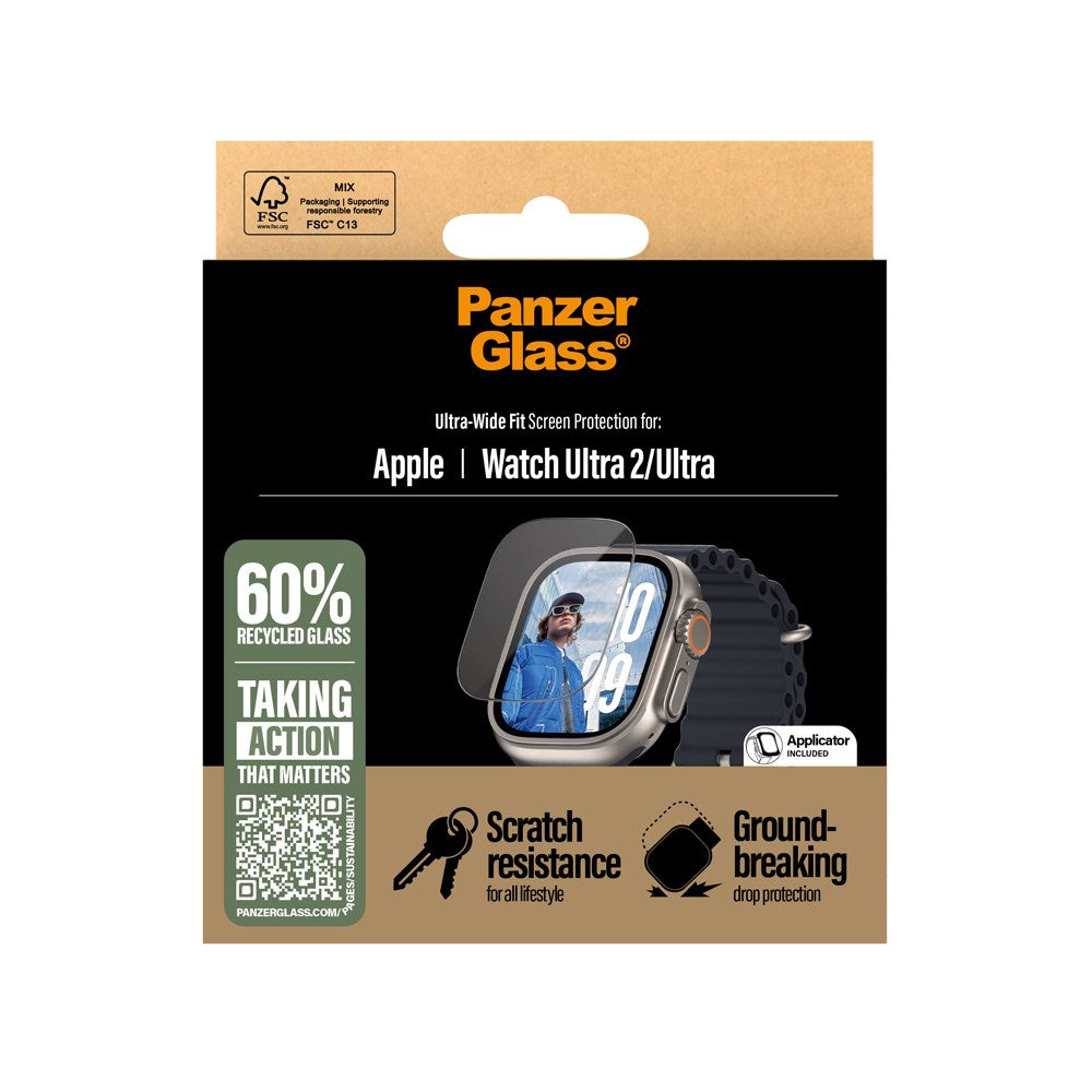 PanzerGlass Apple Watch Ultra 3/2/1 - Ultra-Wide Fit Skjermbeskyttelsesglass - Gjennomsiktig