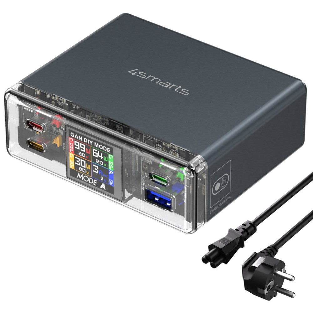 4smarts Lucid GaN DIY Mode Desktop Lader - 210W / 3x USB-C & 1x USB-A - Grå
