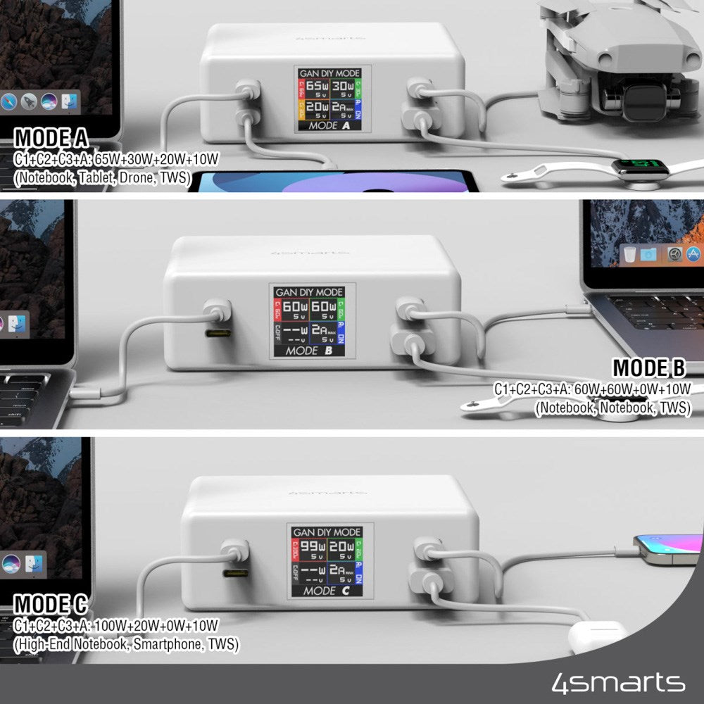 4smarts GaN DIY Mode Desktop Lader - 130W / 3x USB-C & 1x USB-A - Hvit