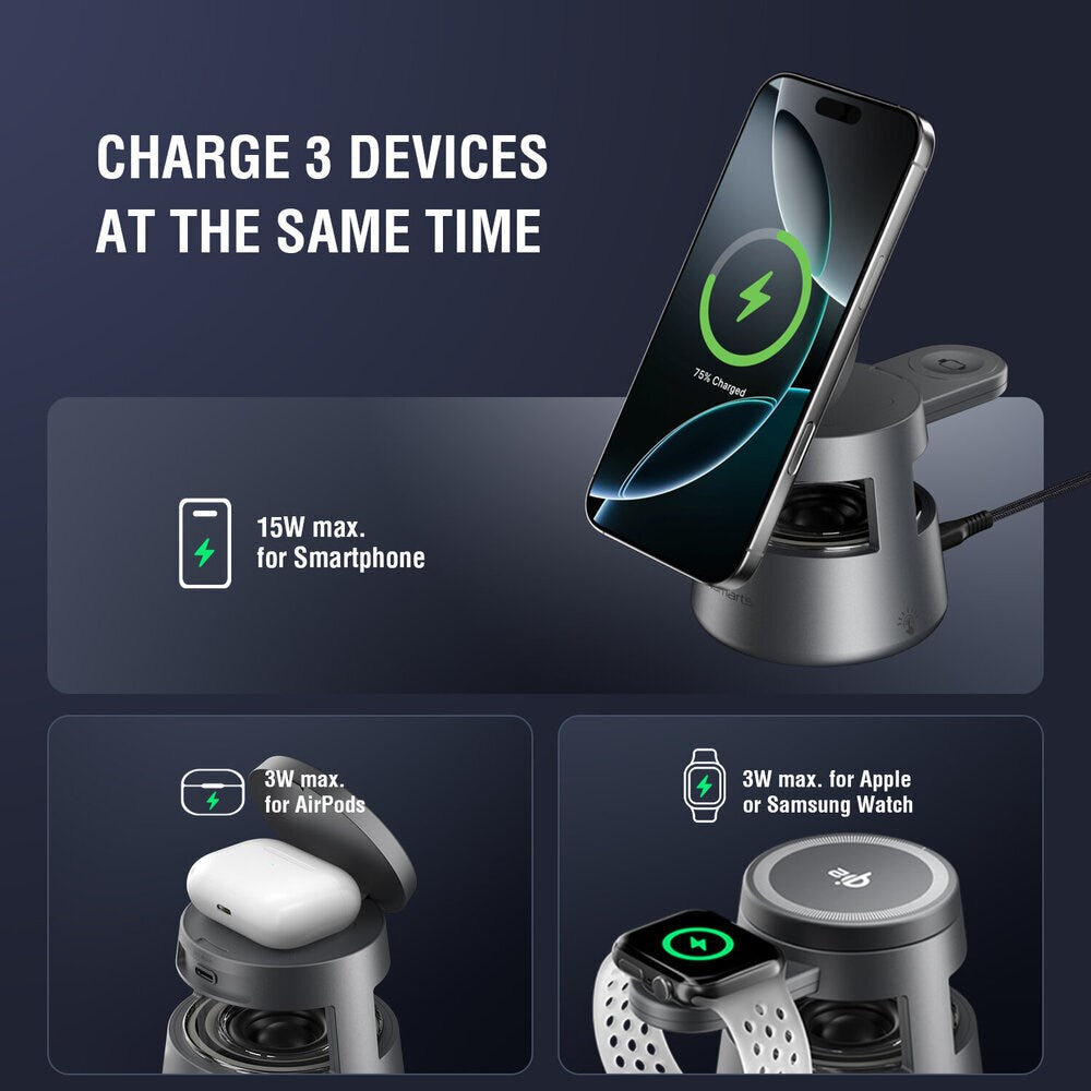 4smarts 3-i-1 Trådløs Lader med Innebygd Lys & Bluetooth for Smarttelefon / Smartklokke / AirPods - MagSafe / Qi2 Kompatibel - Grå