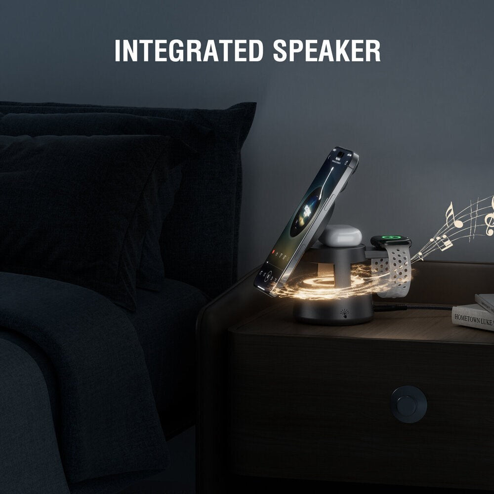 4smarts 3-i-1 Trådløs Lader med Innebygd Lys & Bluetooth for Smarttelefon / Smartklokke / AirPods - MagSafe / Qi2 Kompatibel - Grå