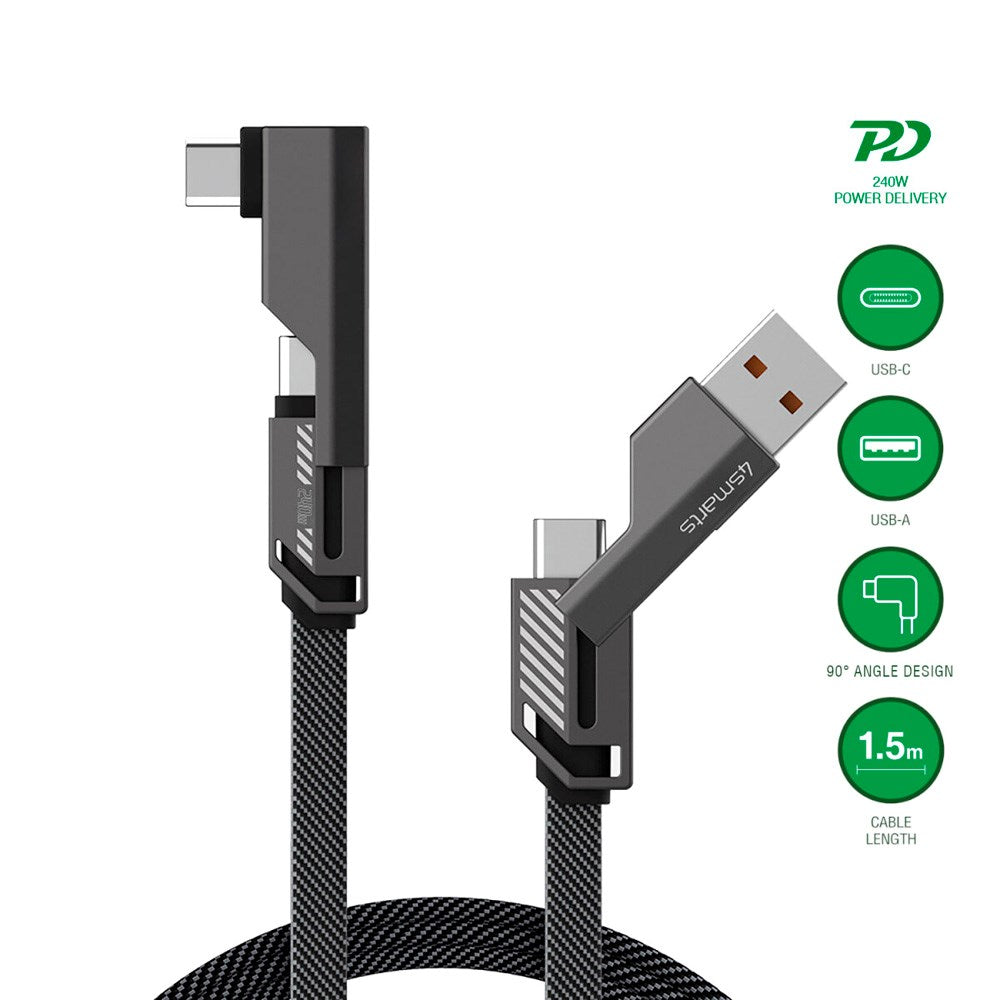 4smarts ComboCord 2-i-1 Vinkelkabel 240W - 1.5m - Grå