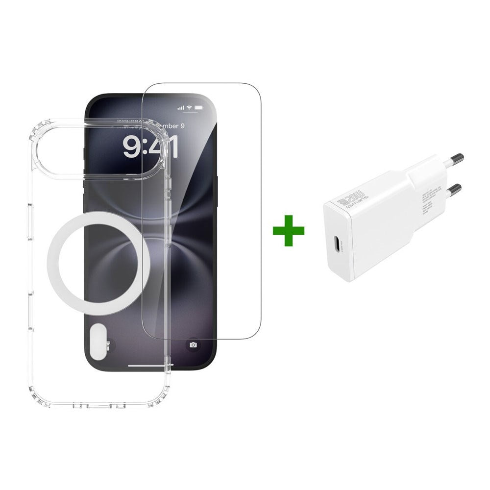 iPhone Air 4Smarts 3-i-1 Premium Starter Set - MagSafe Deksel, Skjermbeskyttelse & 20W Vegglader - Gjennomsiktig / Hvit