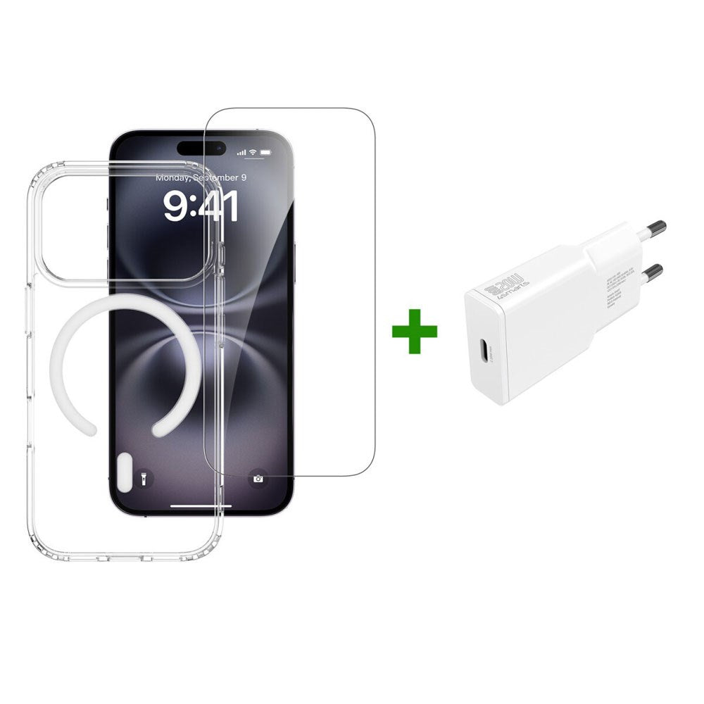 iPhone 17 Pro 4Smarts 3-i-1 Premium Starter Set - MagSafe Deksel, Skjermbeskyttelse & 20W Vegglader - Gjennomsiktig / Hvit