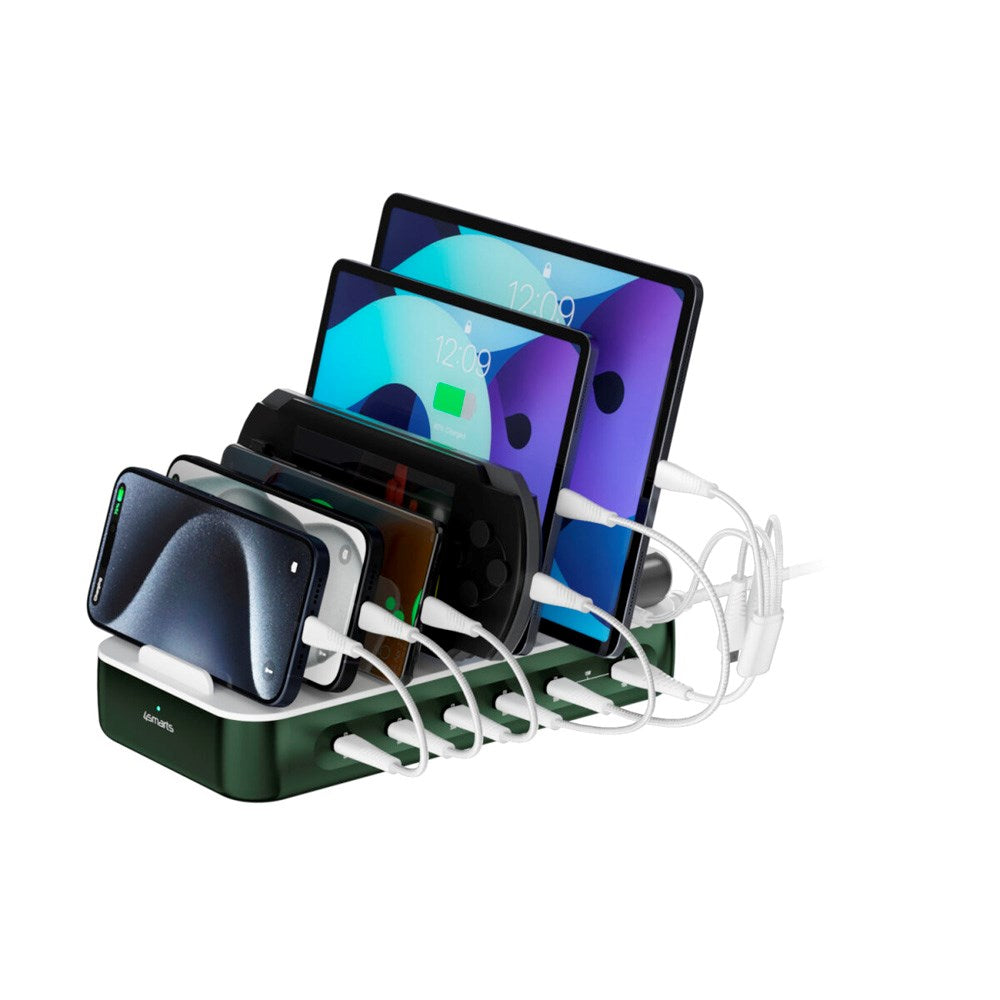4smarts Ladestasjon m. 9 Lademuligheter - 5x USB-C Kabel & 1x 4-i-1 Multikabel - 100W - Grønn