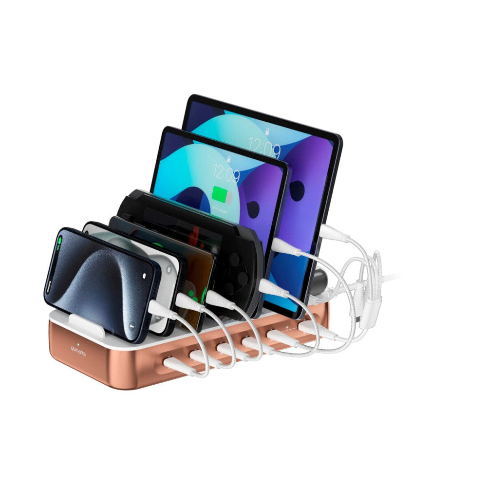4smarts Ladestasjon m. 9 Lademuligheter - 5x USB-C Kabel & 1x 4-i-1 Multikabel - 100W - Rosegull