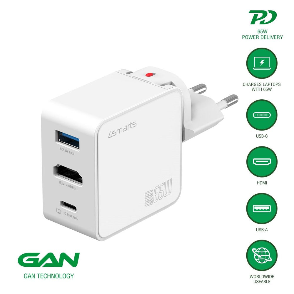 4smarts 3-i-1 HDMI Hub 65W Vegglader - Hvit