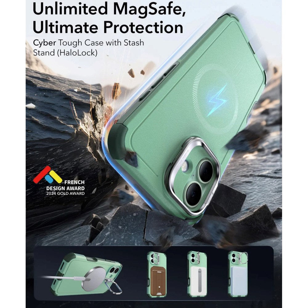 ESR iPhone 16 Cyber Armor Deksel med Kickstand - MagSafe Kompatibel - Grønn