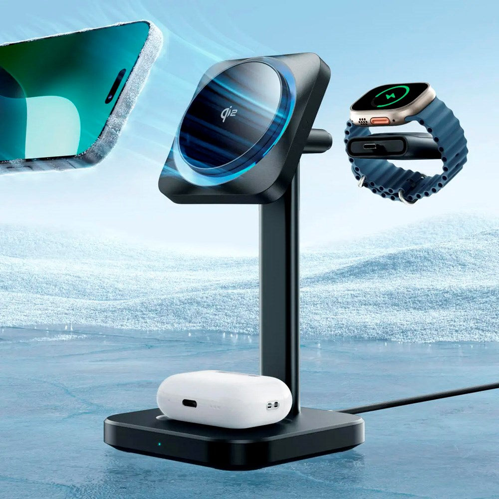 ESR 3-i-1 Qi2 Trådløs Lader med CryoBoost & Avtakbar Apple Watch Lader - MagSafe Kompatibel - Svart
