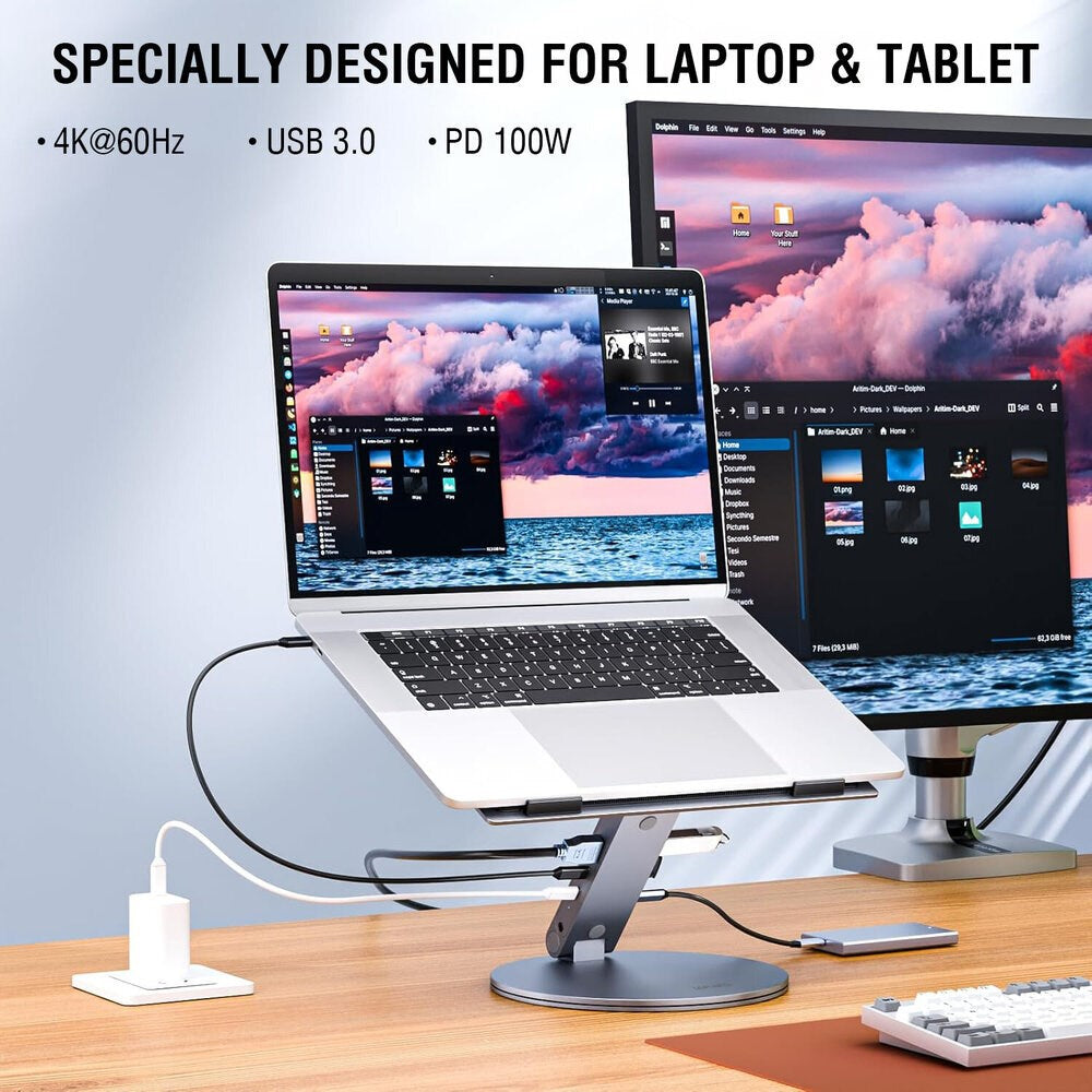 4smarts ErgoPro 360 graders laptop-/nettbrettstativ med 6-i-1 USB-C-dokkingstasjon - grå