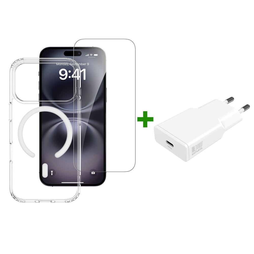 iPhone 18 Pro / 17 Pro 4Smarts 3-i-1 Premium Starter Set - MagSafe Deksel, Skjermbeskyttelse & 20W Vegglader - Gjennomsiktig / Hvit
