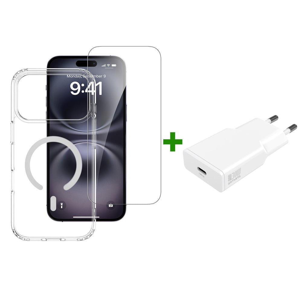 iPhone 18 Pro Max / 17 Pro Max 4Smarts 3-i-1 Premium Starter Set - MagSafe Deksel, Skjermbeskyttelse & 20W Vegglader - Gjennomsiktig / Hvit