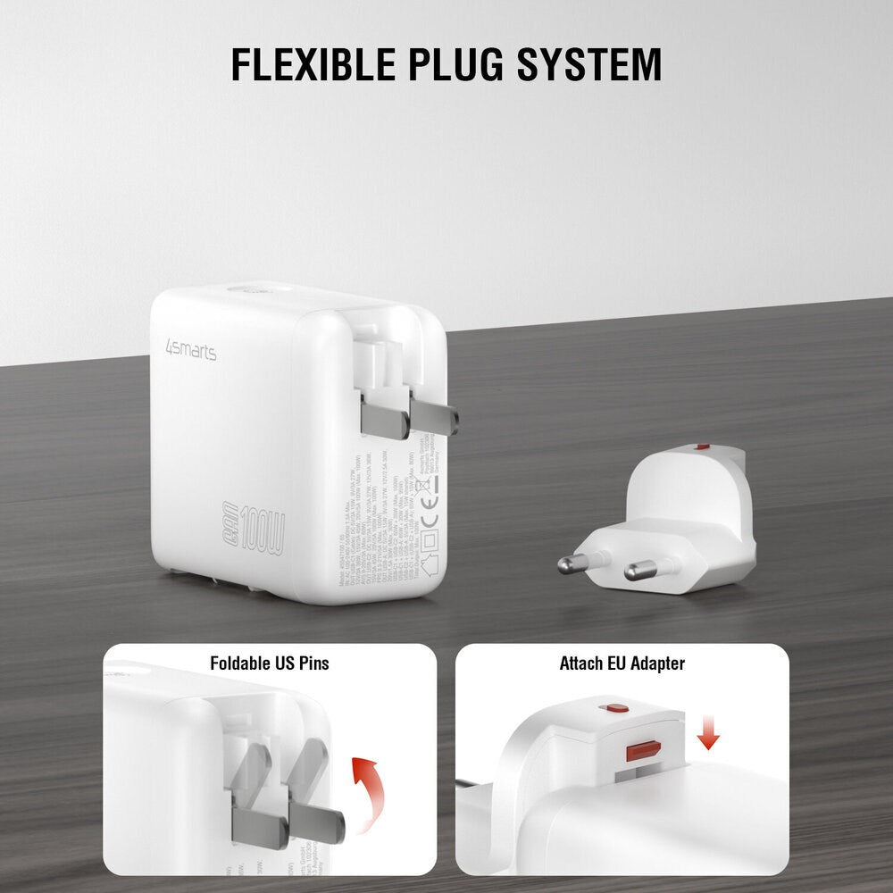 4smarts GaN 100W Vegglader med Skjerm - Innebygd USB-C Kabel - 1 x USB-A - 1 x USB-C - Hvit