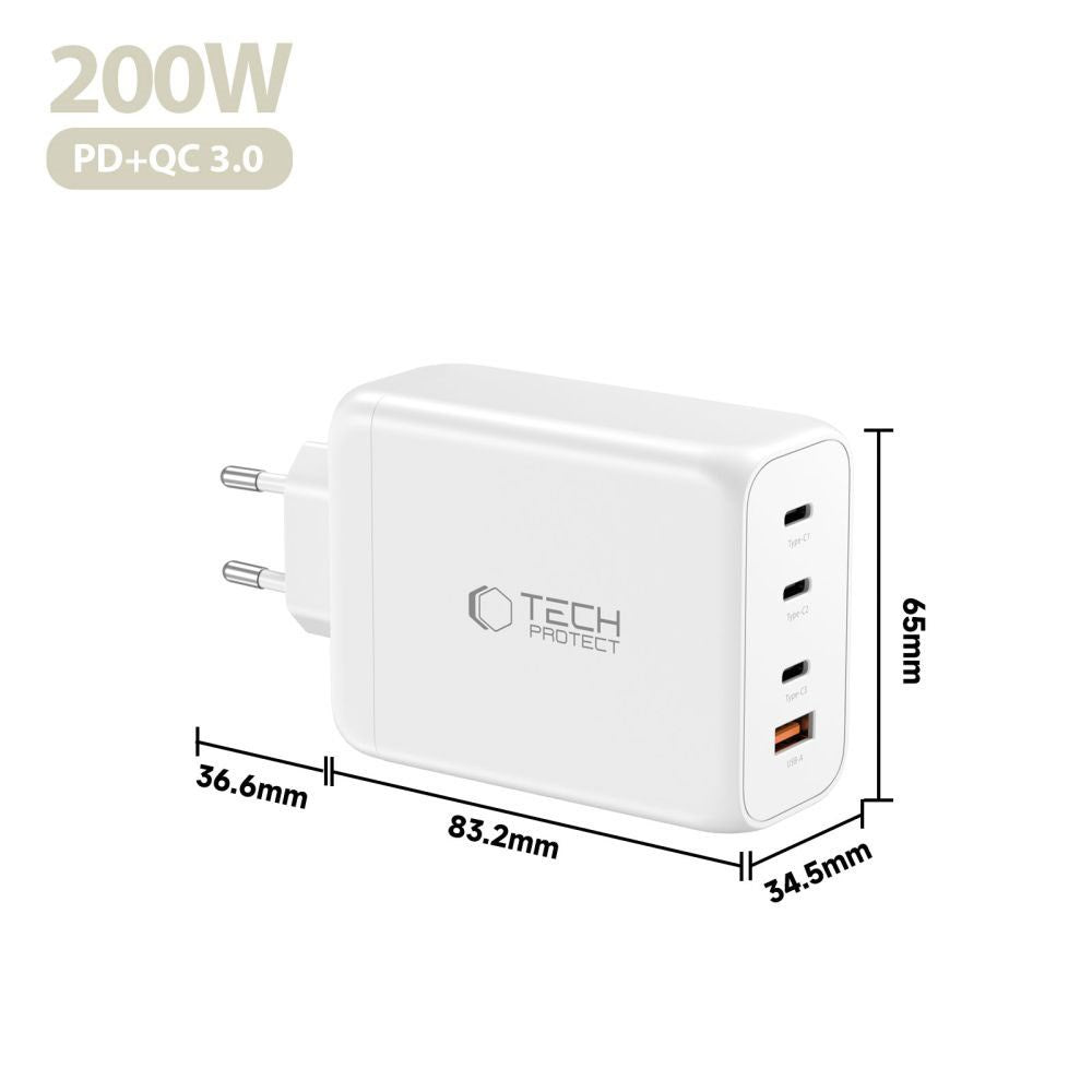 Tech-Protect 200W Vegglader m. 3x USB-C & 1x USB-A - Hvit