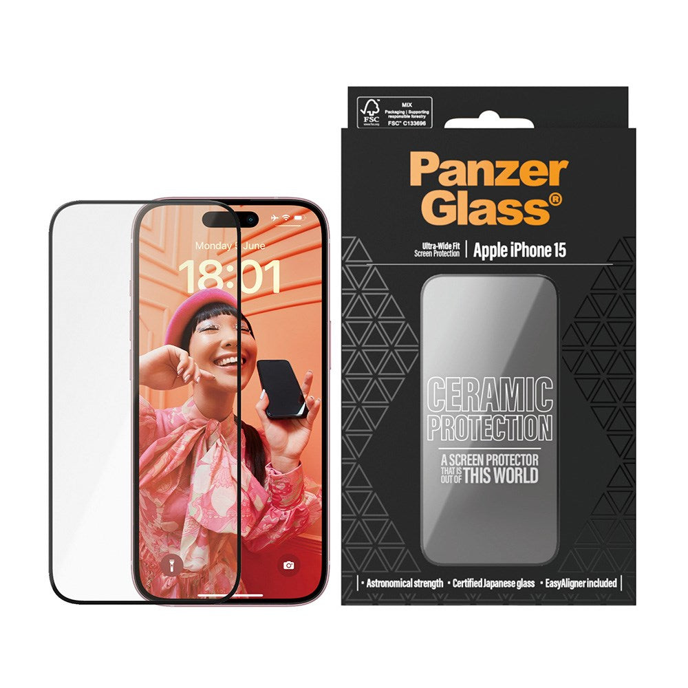 iPhone 15 / 16 PanzerGlass Ultra Wide Fit Ceramic Skjermbeskyttelse m. EasyAligner - Svart Kant